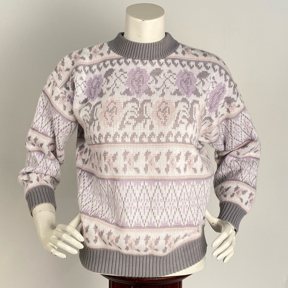 Jonathan Cass Vintage Mock Neck Knit Sweater Sz L Geometrical Floral Print